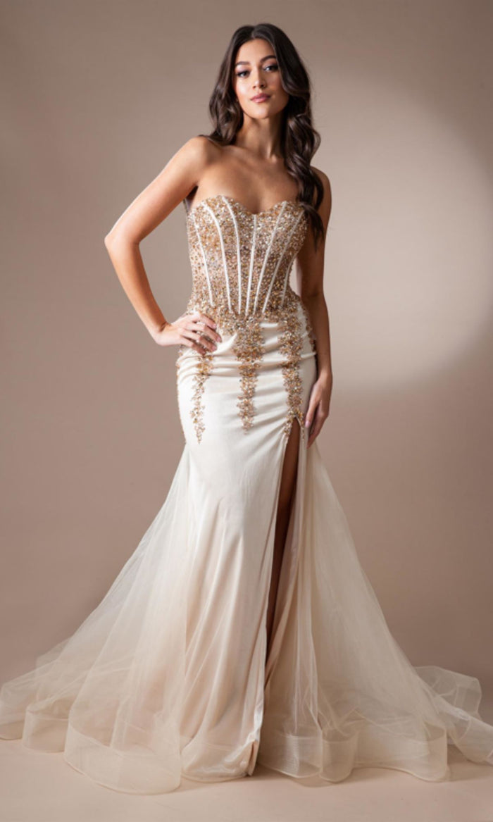 Champagne Amelia Couture Long Formal Dress 7051