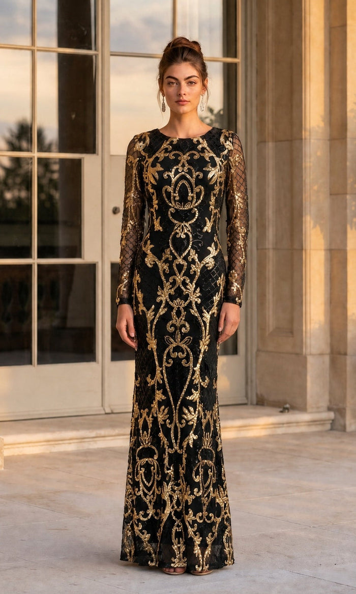 Navy/Gold Betsy & Adam Long Formal Dress A26776
