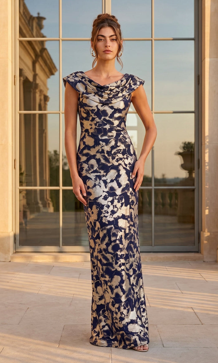 Navy/Gold Betsy & Adam Long Formal Dress A27195