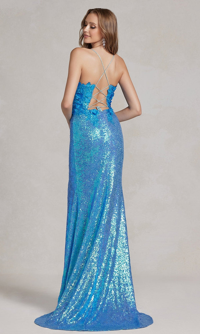 Long Sequin Prom Dress with 3D Floral Embroidery