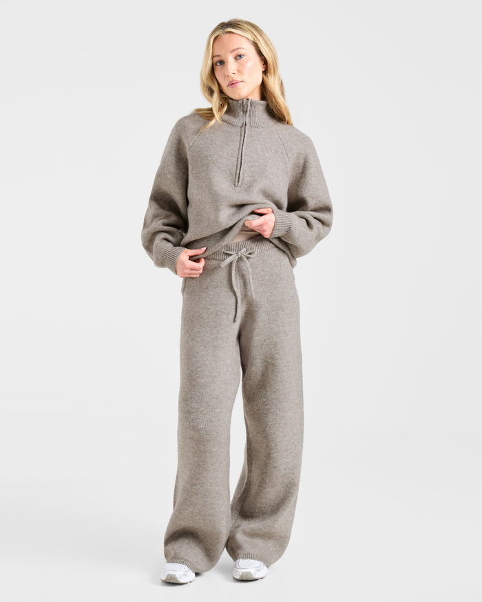 Soft Oversized Knitted Straight Leg Joggers - Brown Marl