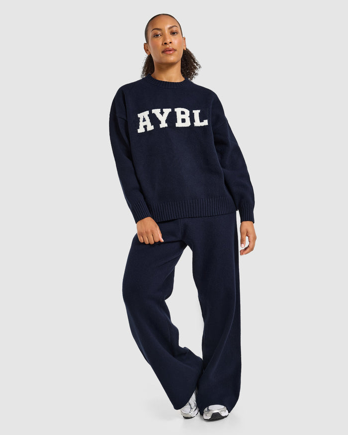 Varsity Oversized Knitted Joggers - Navy