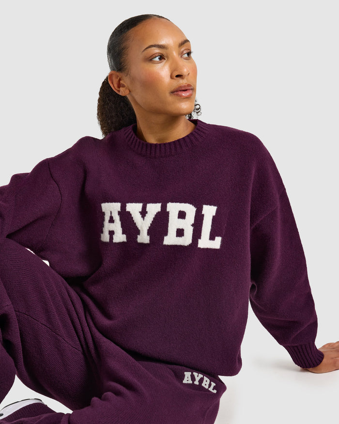 Varsity Oversized Knitted Sweater - Plum