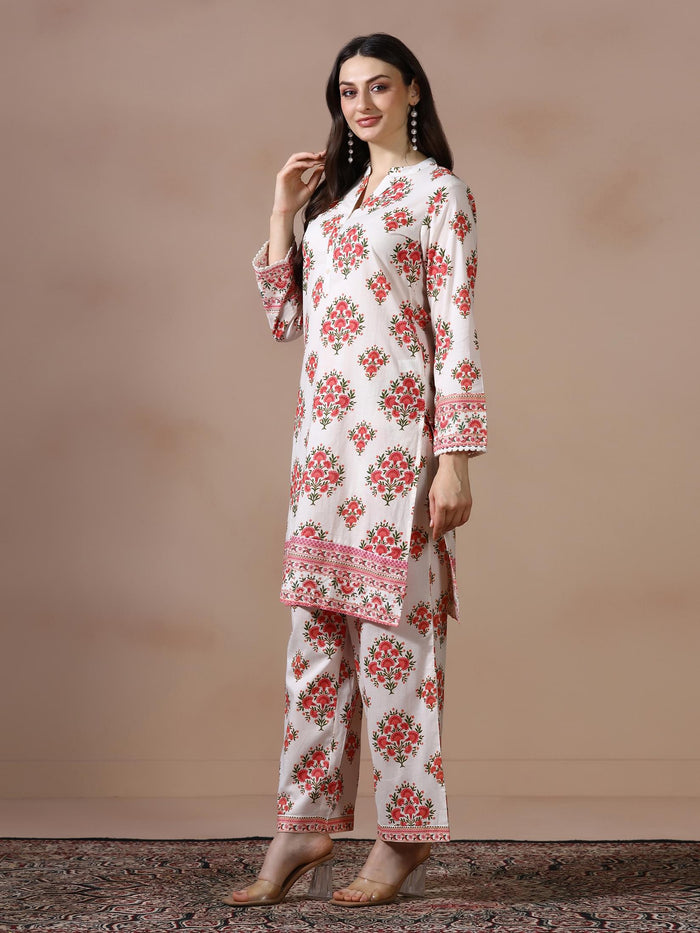 Women Cotton Off White and Peach Printed Co Ord Set.