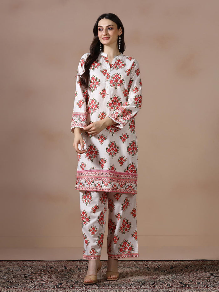 Women Cotton Off White and Peach Printed Co Ord Set.