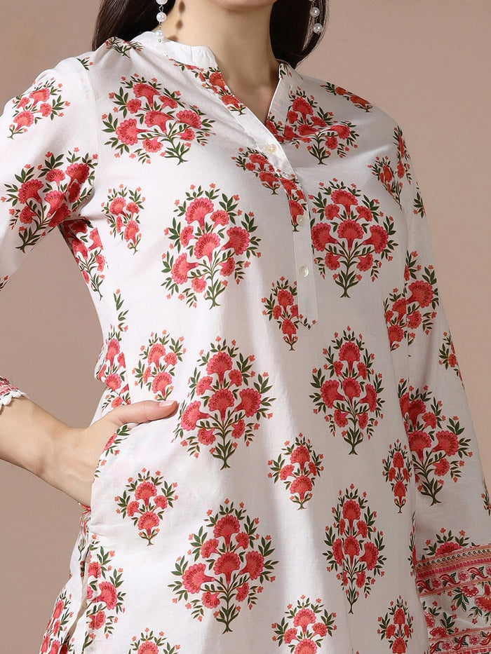 Women Cotton Off White and Peach Printed Co Ord Set.