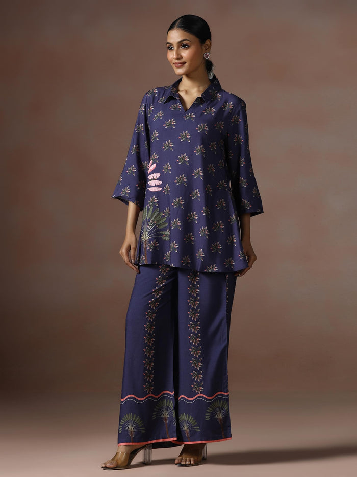 Women Liva Blue Floral Print Co Ord Set.