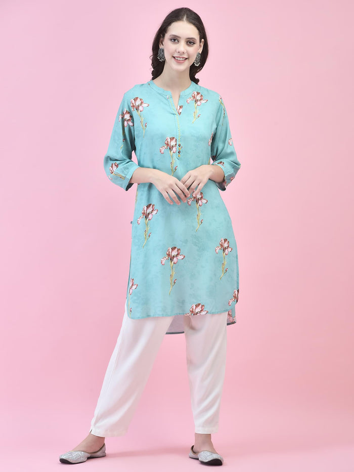 Women Liva (Rayon) Blue Floral Print Kurti.