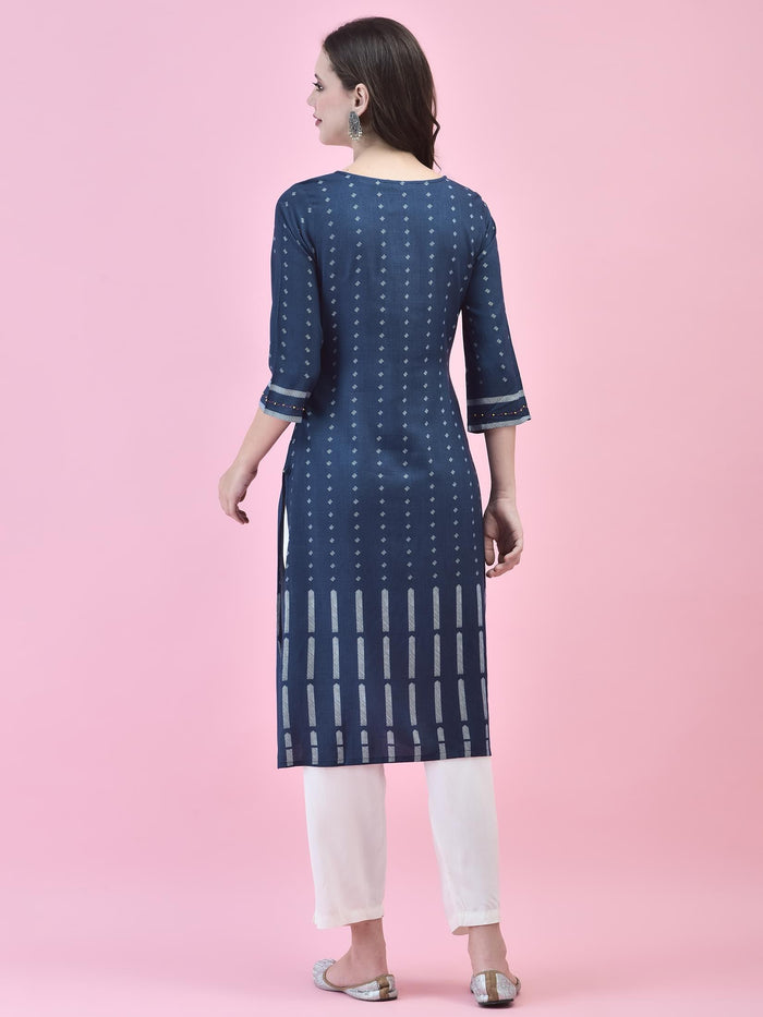 Women Liva (Rayon) Navy Blue Geometric Print Kurta.