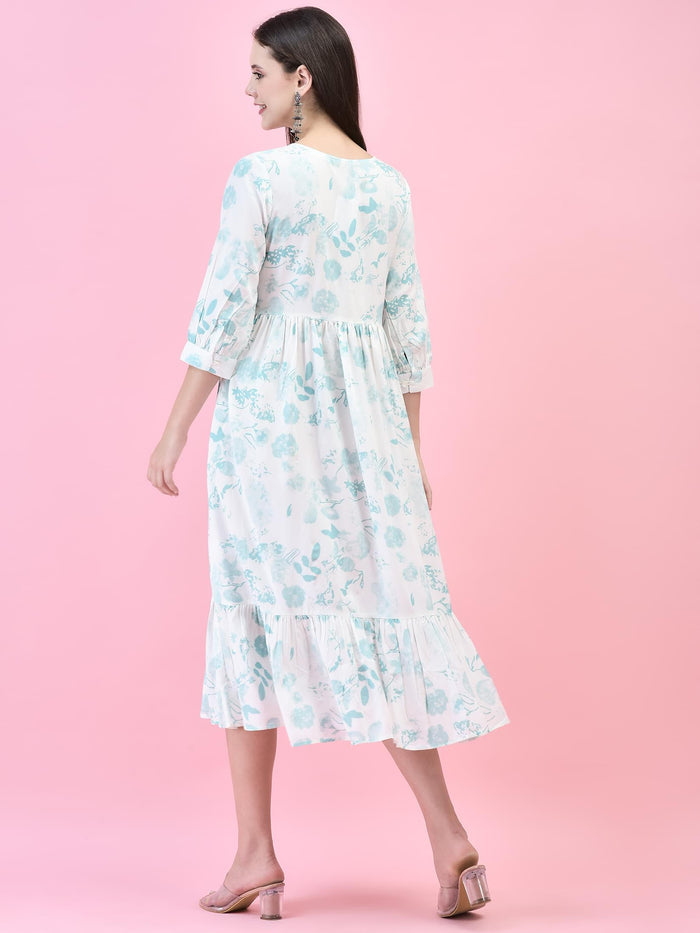 Women Liva (Rayon) Off White Tropical Print Dress.