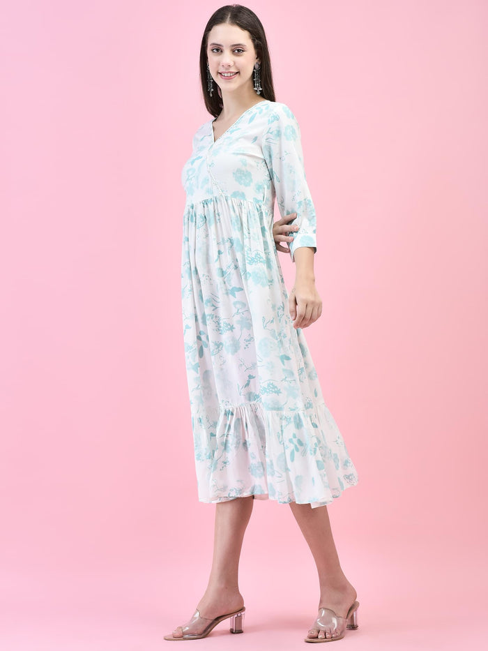 Women Liva (Rayon) Off White Tropical Print Dress.
