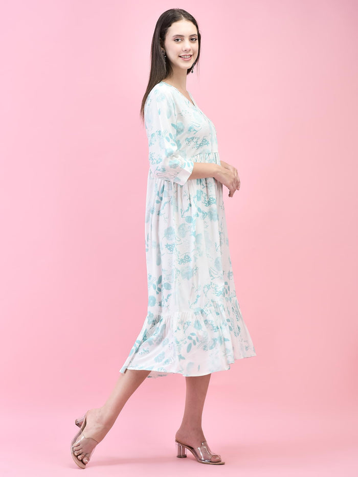 Women Liva (Rayon) Off White Tropical Print Dress.