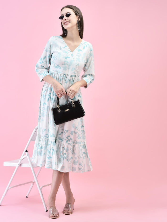 Women Liva (Rayon) Off White Tropical Print Dress.